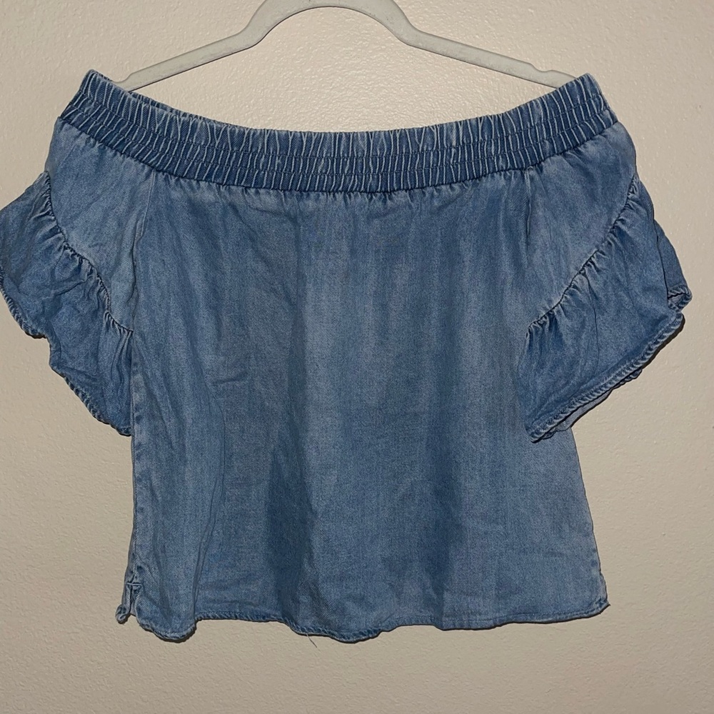 All Saints Chambray Off the Shoulder Ruffle Sleeves Top size Small‎